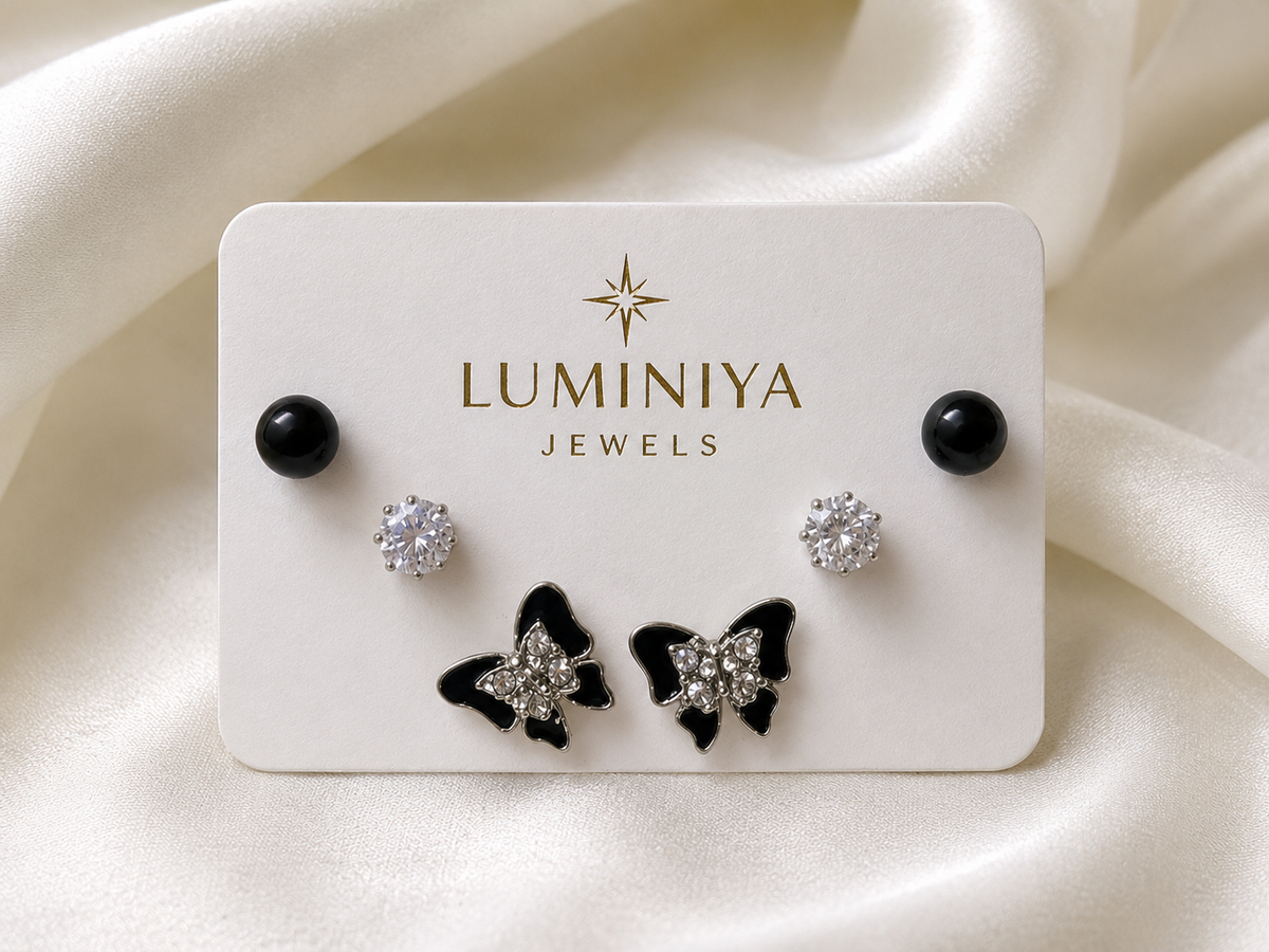 Elegant Black Butterfly & Crystal Stud Earrings Set | LUMINIYA JEWELS