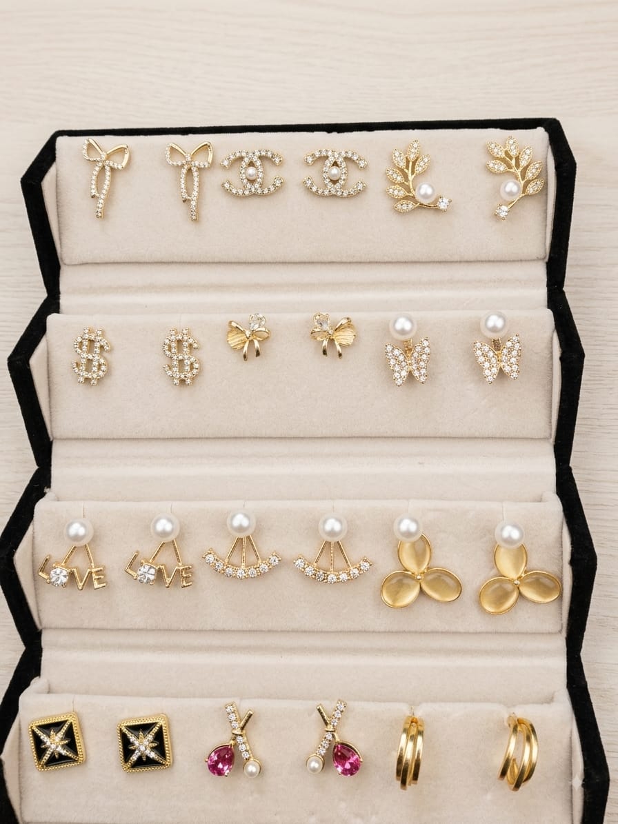 12 Pair Premium Gold-Tone Pearl & Butterfly Earrings Collection | LUMINIYA JEWELS