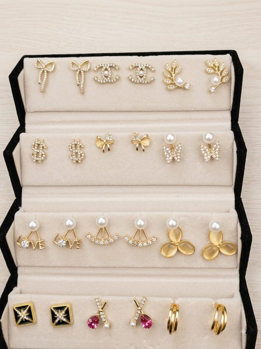 12 Pair Premium Gold-Tone Pearl & Butterfly Earrings Collection | LUMINIYA JEWELS