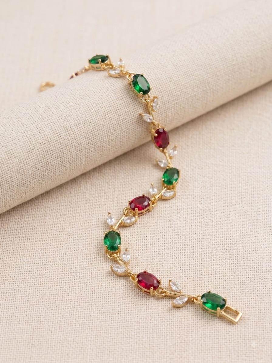 Elegant Green & Ruby Crystal Leaf Bracelet