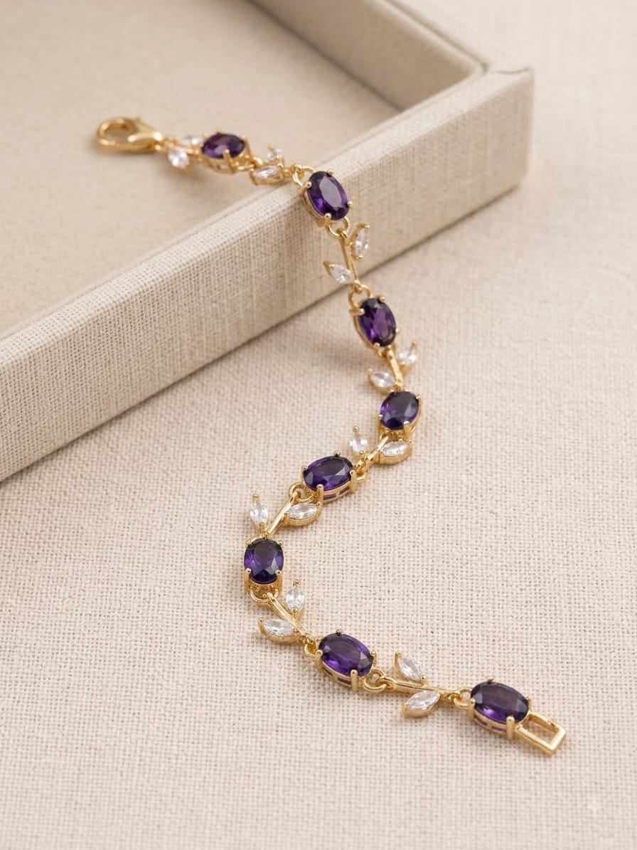 Elegant Amethyst Purple Crystal Leaf Bracelet