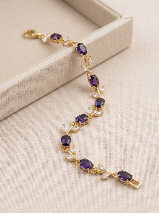 Elegant Amethyst Purple Crystal Leaf Bracelet