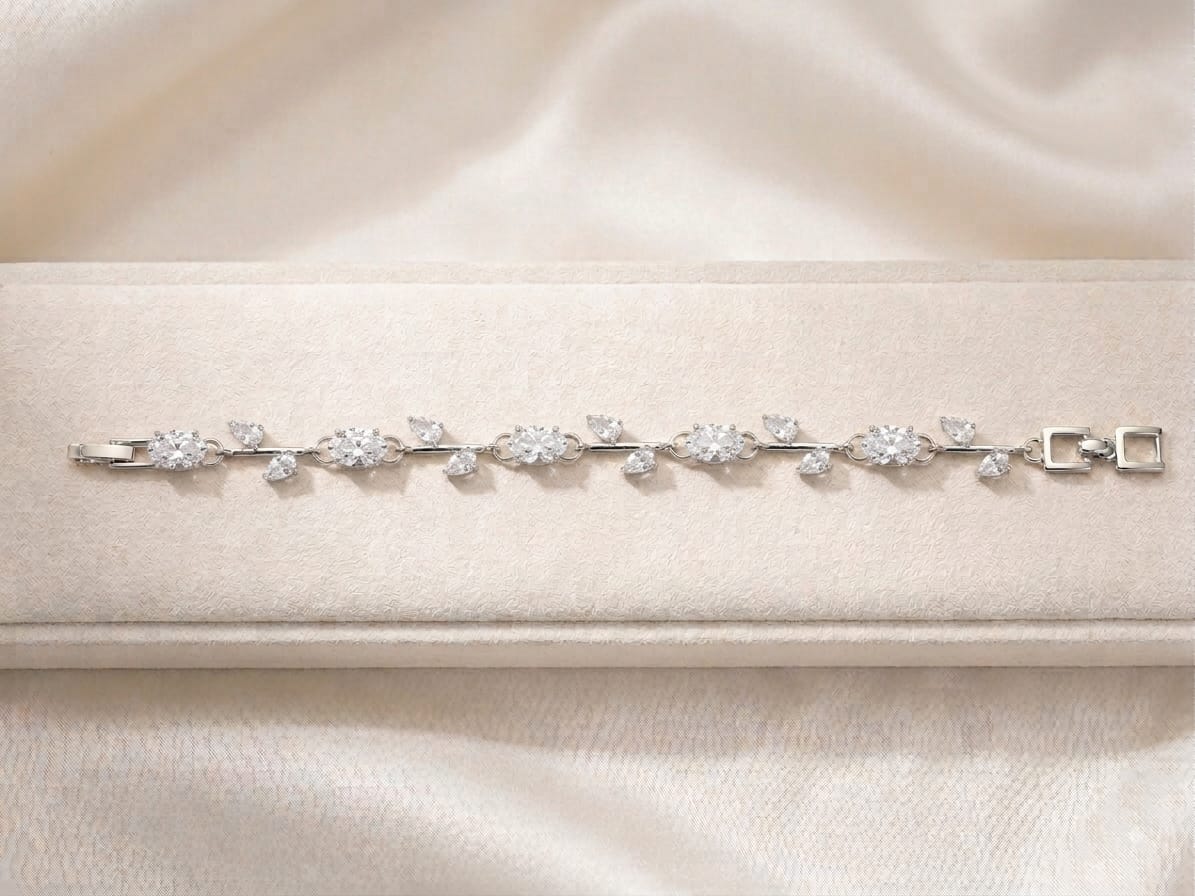 Elegant Silver-Tone Crystal Leaf Bracelet